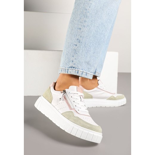 Biało-Zielone Sneakersy ze Skóry Naturalnej z Ozdobnym Suwakiem Tilliraya ze sklepu renee.pl w kategorii Buty sportowe damskie - zdjęcie 179430739