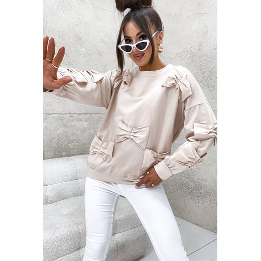 BLUZA Z OZDOBNYMI KOKARDAMI- BEŻOWA ze sklepu olika.com.pl w kategorii Bluzy damskie - zdjęcie 179433688