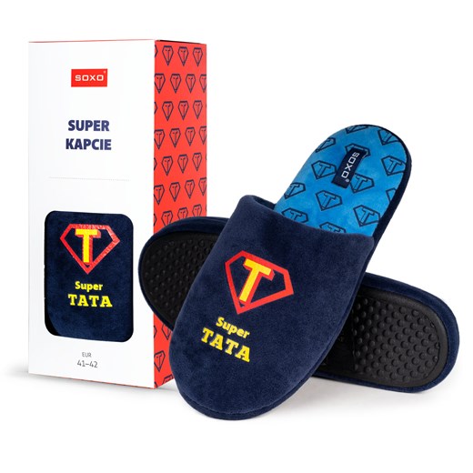 Kapcie Męskie dla Taty SOXO z napisem "Super Tata" w pudełku | prezent na Dzień Ojca ze sklepu Sklep SOXO w kategorii Kapcie męskie - zdjęcie 179446118