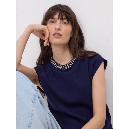 Reserved - Bluzka z ozdobnymi kamieniami - granatowy Reserved XL Reserved