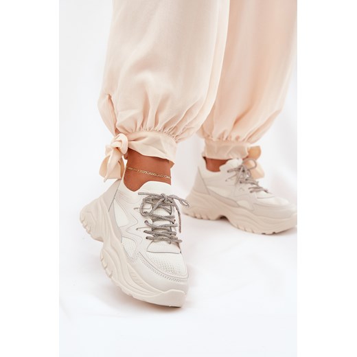 Sneakersy Z Ozdobnym Sznurowaniem Na Platformie Beżowe Evalianne ze sklepu ZAZOO w kategorii Buty sportowe damskie - zdjęcie 179454015
