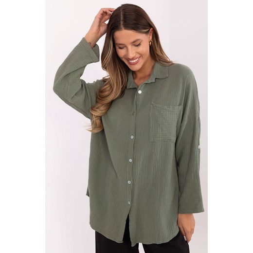 Muślinowa koszula khaki MO-KS-9368.98, Kolor khaki, Rozmiar uniwersalny, ITALY MODA ze sklepu Primodo w kategorii Koszule damskie - zdjęcie 179456655