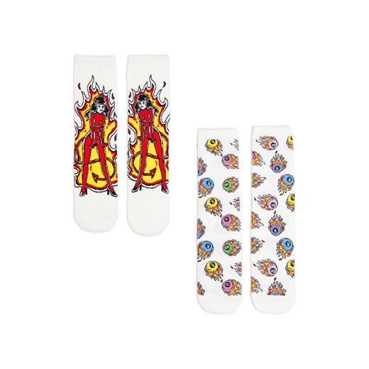 Cropp - 2 pack skarpet z motywem płomieni - biały ze sklepu Cropp w kategorii Skarpetki damskie - zdjęcie 179460775