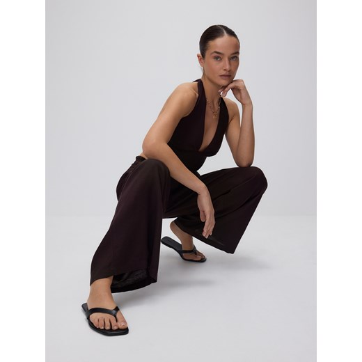 Reserved - Szerokie spodnie z dodatkiem lnu - ciemnobrązowy Reserved XL Reserved