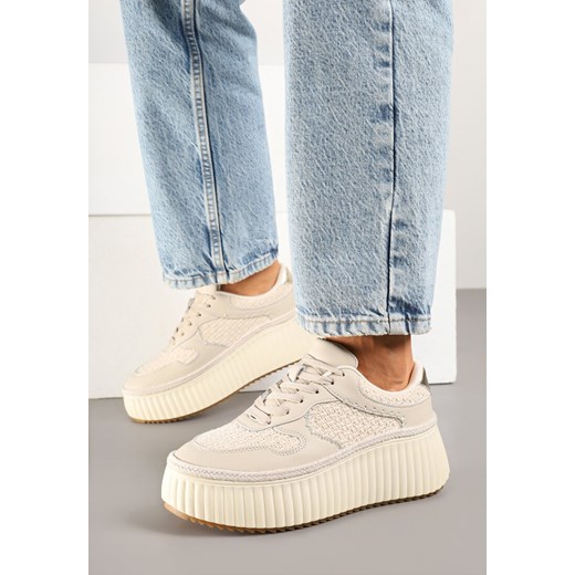 Beżowe Skórzane Sneakersy na Grubej Podeszwie z Tłoczeniami Foiriva ze sklepu born2be.pl w kategorii Buty sportowe damskie - zdjęcie 179475747