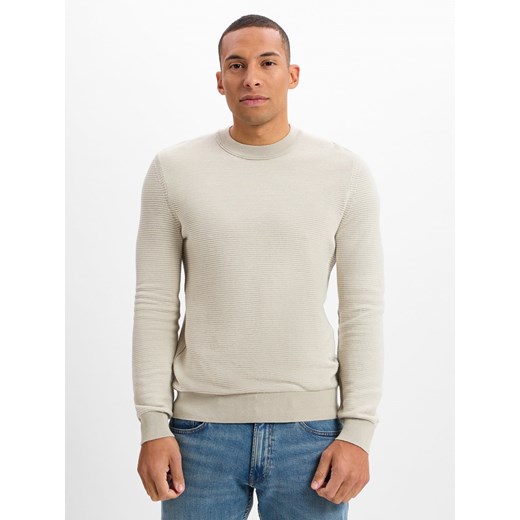 BOSS Orange BOSS - Męski sweter z dzianiny - Aspoki Mężczyźni Bawełna beżowy wypukły wzór tkaniny ze sklepu vangraaf w kategorii Swetry męskie - zdjęcie 179489726