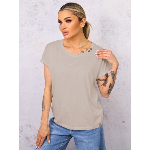 T-SHIRT OVERSIZE Z OZDOBNYMI GUZIKAMI- BEŻOWY ze sklepu olika.com.pl w kategorii Bluzki damskie - zdjęcie 179504916