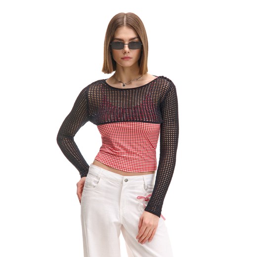 Cropp - Czarny krótki sweter z siateczki - czarny ze sklepu Cropp w kategorii Swetry damskie - zdjęcie 179510905
