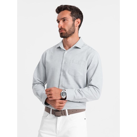 Koszula męska z kieszenią REGULAR FIT - jasnoszary melanż V2 OM-SHCS-0148 ze sklepu ombre w kategorii Koszule męskie - zdjęcie 179529335