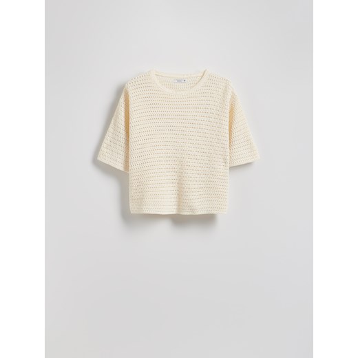 Reserved - Ażurowy sweter z krótkimi rękawami - kremowy Reserved M Reserved