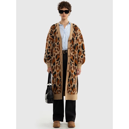 Sweter damski typu kardigan z motywem zwierzęcym brązowy Pantira 000 ze sklepu Big Star w kategorii Swetry damskie - zdjęcie 179543199