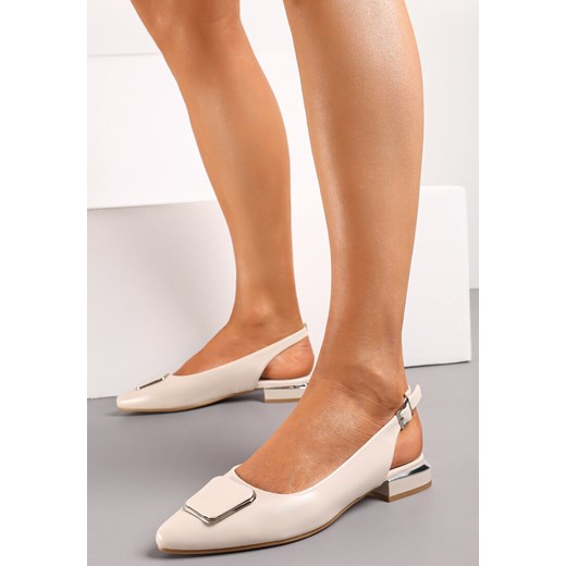 Beżowe Płaskie Sandały Sling-Back z Noskiem w Szpic i Klamrą ze Skórzaną Wkładką Sitaraga ze sklepu renee.pl w kategorii Balerinki - zdjęcie 179573177