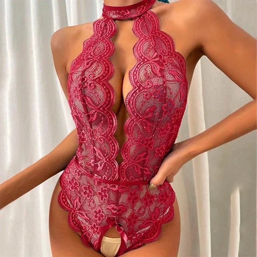 Koronkowe body z chokerem - S Bordowy ze sklepu Intimica.pl w kategorii Body damskie - zdjęcie 179590789