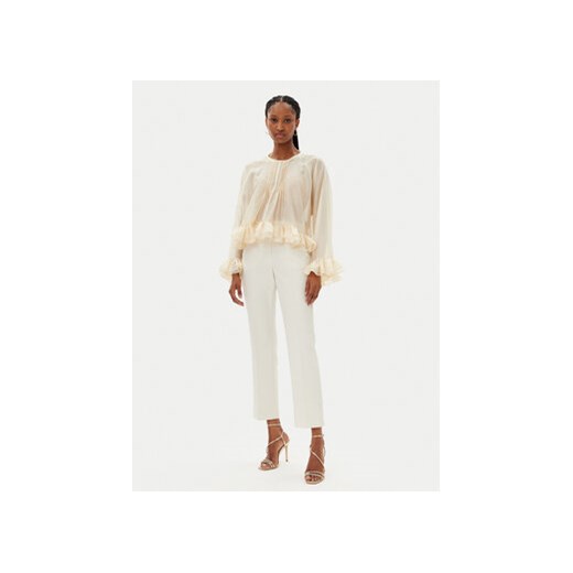 Bluzka damska Kontatto z długim rękawem beżowa z okrągłym dekoltem na wiosnę 