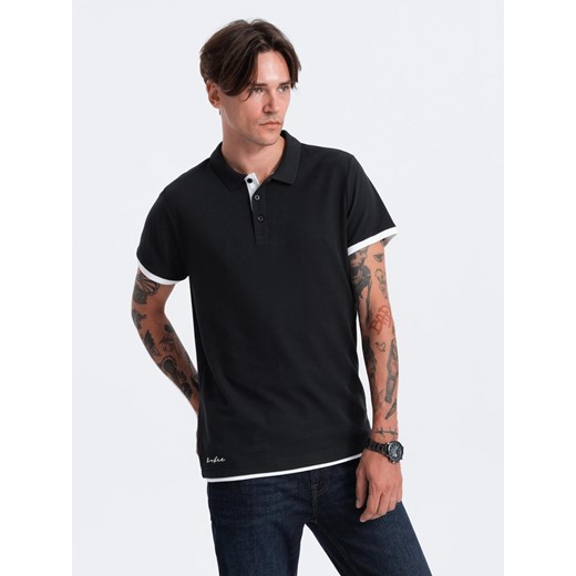Bawełniana męska koszulka polo z kontrastowymi wykończeniami – czarna V8 OM-POSS-0113 ze sklepu ombre w kategorii T-shirty męskie - zdjęcie 179611027