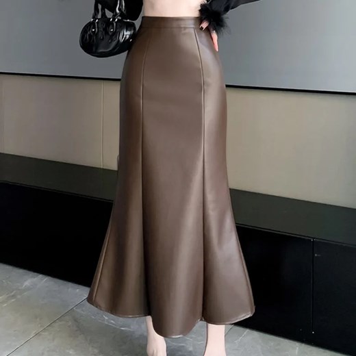 Elegancka spódnica midi skórzana - Brązowy M ze sklepu Intimica.pl w kategorii Spódnice - zdjęcie 179620955