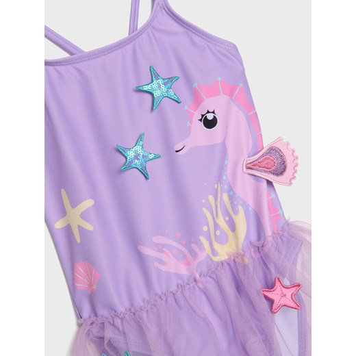 Sinsay - Kostium kąpielowy z aplikacjami 3d wykończony tiulem - fioletowy Sinsay 110/116 Sinsay