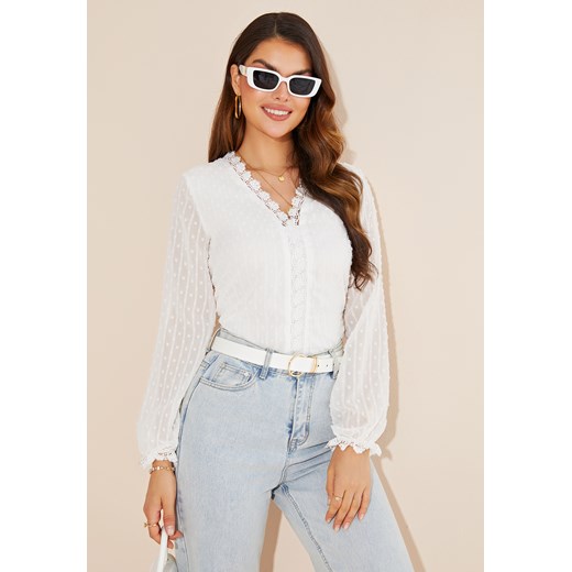 Bluzka z długim rękawem i kołnierzem V-neck ze sklepu Jacinshop w kategorii Bluzki damskie - zdjęcie 179647938