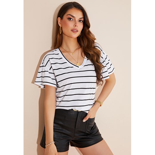 Top w paski z motylkowymi rękawami ze sklepu Jacinshop w kategorii Bluzki damskie - zdjęcie 179650856