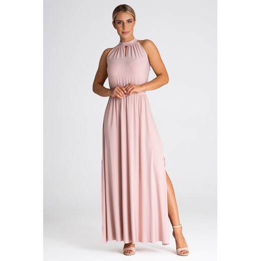 Sukienka maxi z dekoltem typu halter - jasnoróżowa ze sklepu Cudmoda w kategorii Sukienki - zdjęcie 179651319