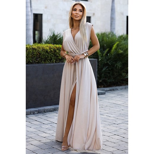 Elegancka sukienka maxi na ramiączkach - beżowa z brokatem ze sklepu Cudmoda w kategorii Sukienki - zdjęcie 179652699