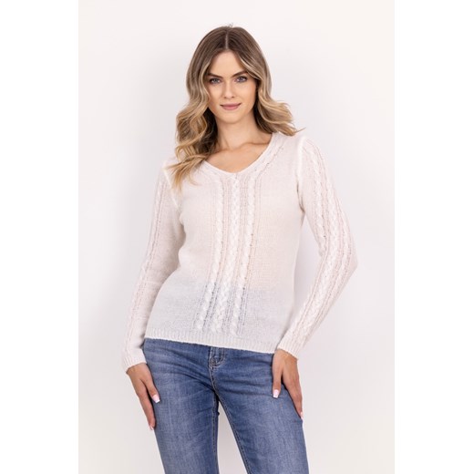 Sweter damski z warkoczami – ecru ze sklepu Cudmoda w kategorii Swetry damskie - zdjęcie 179653999