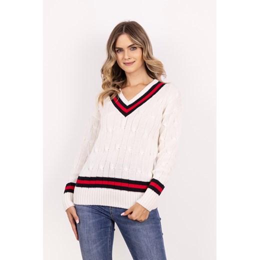 Sweter z ozdobnym dekoltem w serek - ecru-czerwony ze sklepu Cudmoda w kategorii Swetry damskie - zdjęcie 179654117