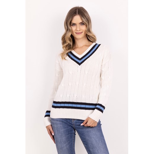 Sweter z ozdobnym dekoltem w serek - ecru-niebieski ze sklepu Cudmoda w kategorii Swetry damskie - zdjęcie 179654118