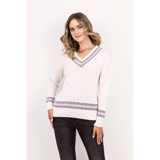 Sweter z ozdobnym dekoltem w serek - ecru-róż ze sklepu Cudmoda w kategorii Swetry damskie - zdjęcie 179654119