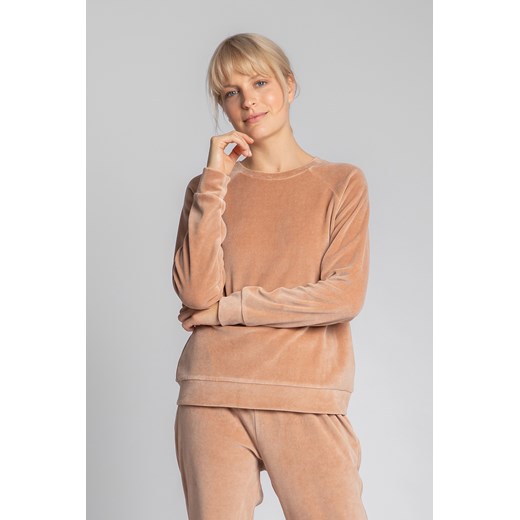 Welurowa bluza z reglanowymi rękawami - beżowa ze sklepu Cudmoda w kategorii Bluzy damskie - zdjęcie 179654406