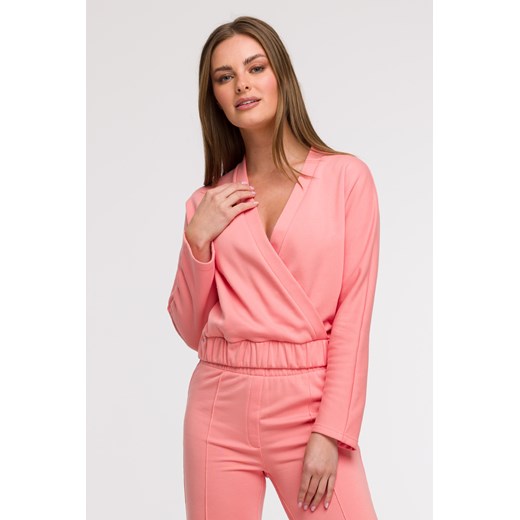 Bluza z kopertowym dekoltem - koralowa ze sklepu Cudmoda w kategorii Bluzy damskie - zdjęcie 179654875