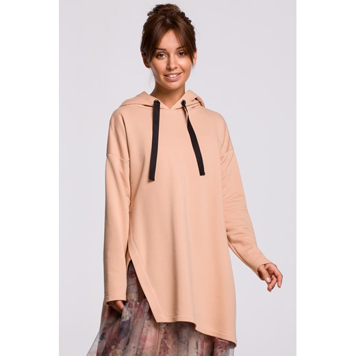 Bluza z kapturem i asymetrycznym rozcięciem - beżowa ze sklepu Cudmoda w kategorii Bluzy damskie - zdjęcie 179655847