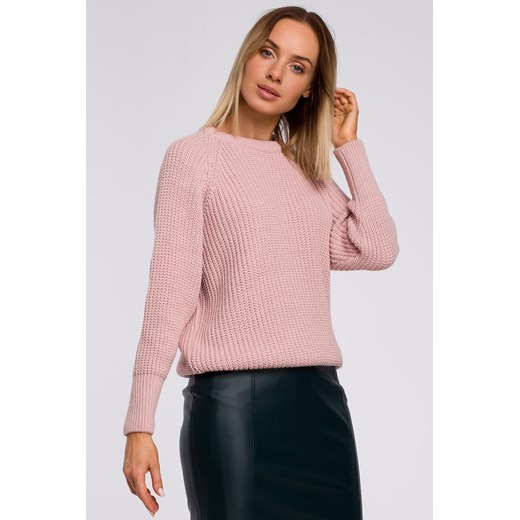 Sweter prążek pod szyję - różowy ze sklepu Cudmoda w kategorii Swetry damskie - zdjęcie 179655896