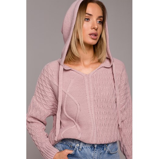 Sweter z kapturem - różowy ze sklepu Cudmoda w kategorii Swetry damskie - zdjęcie 179655908