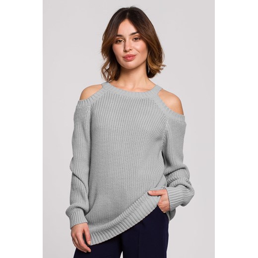 Sweter z wycięciami na ramionach - szary ze sklepu Cudmoda w kategorii Swetry damskie - zdjęcie 179656917