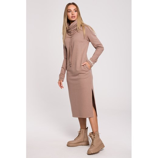 Sukienka maxi z wysokim kołnierzem - cappuccino ze sklepu Cudmoda w kategorii Sukienki - zdjęcie 179657099