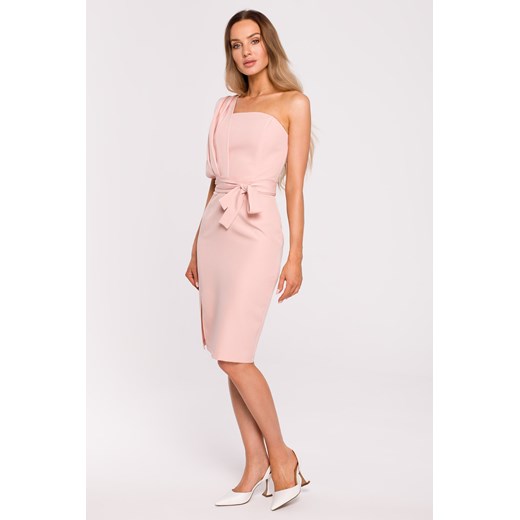 Elegancka sukienka z szarfą na ramieniu - pudrowa ze sklepu Cudmoda w kategorii Sukienki - zdjęcie 179657689