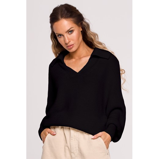 Sweter oversize z kołnierzem - czarny ze sklepu Cudmoda w kategorii Swetry damskie - zdjęcie 179657747