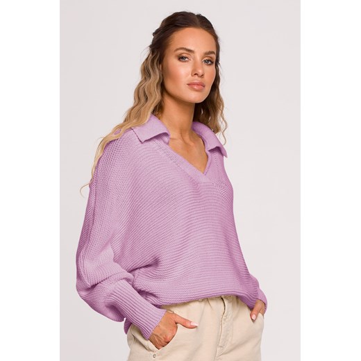 Sweter oversize z kołnierzem - liliowy ze sklepu Cudmoda w kategorii Swetry damskie - zdjęcie 179657748