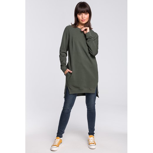 Bluza - tunika z rozcięciami po bokach i ściągaczem na dole - militarno-zielona ze sklepu Cudmoda w kategorii Bluzy damskie - zdjęcie 179657959