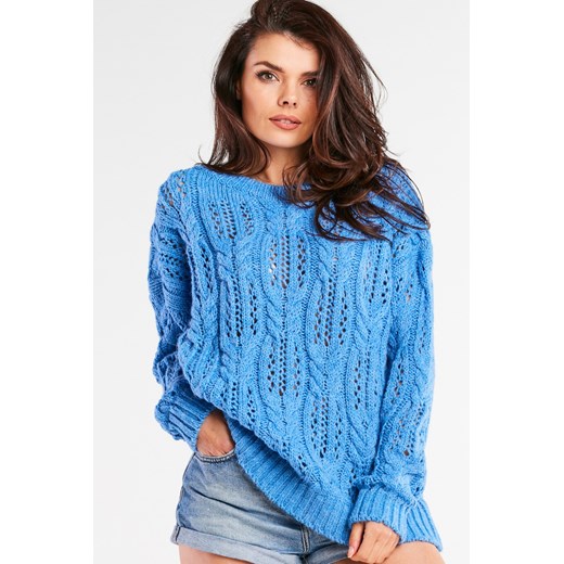 Ażurowy sweter oversize - niebieski ze sklepu Cudmoda w kategorii Swetry damskie - zdjęcie 179658036
