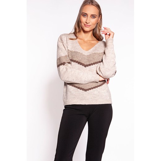 Sweter z geometrycznym wzorem - beżowy ze sklepu Cudmoda w kategorii Swetry damskie - zdjęcie 179658546