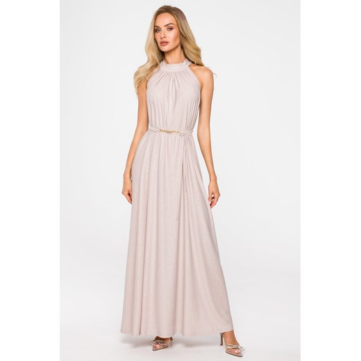 Sukienka maxi z dekoltem typu halter - szampańska ze sklepu Cudmoda w kategorii Sukienki - zdjęcie 179658637
