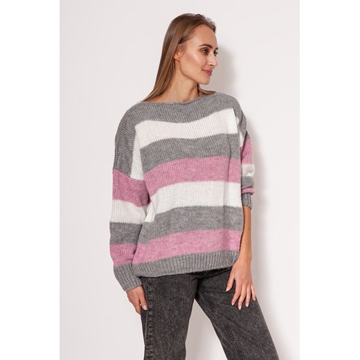 Sweter oversize w paski - różowo-szary ze sklepu Cudmoda w kategorii Swetry damskie - zdjęcie 179659358
