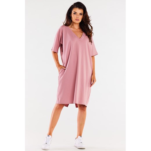Sukienka oversize z krótkim rękawem - różowa ze sklepu Cudmoda w kategorii Sukienki - zdjęcie 179659479