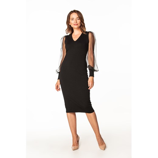 Elegancka sukienka midi z dekoltem V - czarna ze sklepu Cudmoda w kategorii Sukienki - zdjęcie 179659526