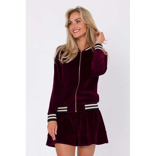 Welurowa bluza z ozdobnymi mankietami - bordowa ze sklepu Cudmoda w kategorii Bluzy damskie - zdjęcie 179659905