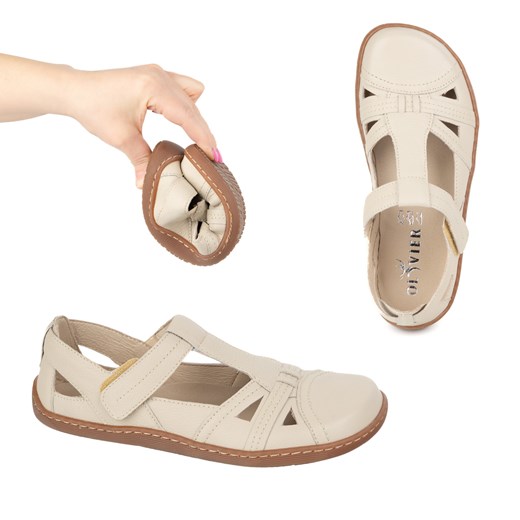 Buty damskie BAREFOOT Ultralekkie półsandały Olivier 1285 na rzep beżowe ze sklepu butyolivier w kategorii Półbuty damskie - zdjęcie 179670776