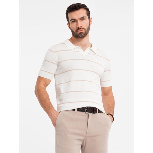 Koszulka polo męska w poziome paski z wiskozą – biało-beżowa V4 OM-POSS-0145 ze sklepu ombre w kategorii T-shirty męskie - zdjęcie 179682825