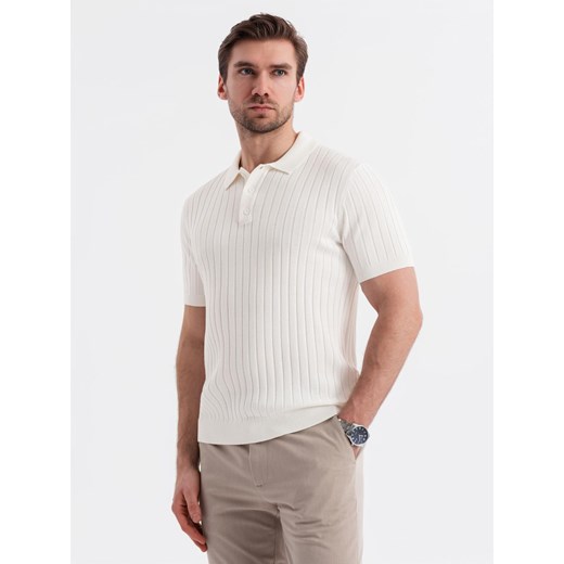Męska koszulka polo z wiskozą SLIM FIT w pionowy prążek – złamana biel V3 OM-POSS-0143 ze sklepu ombre w kategorii T-shirty męskie - zdjęcie 179682826